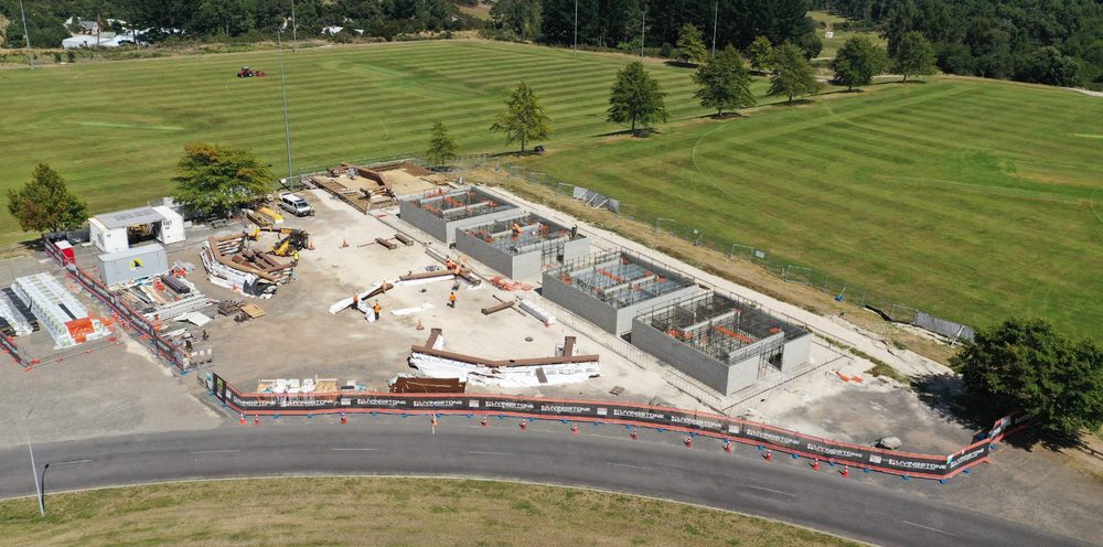 Aerial view of the new sports hub being built beside the Owen Delany Park fields