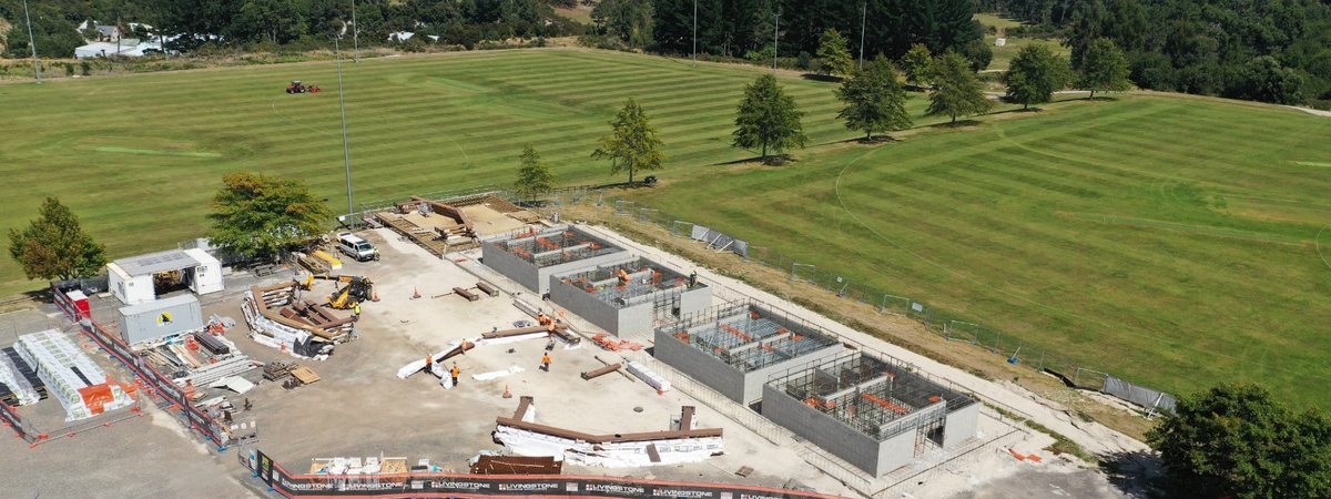 Aerial view of the Owen Delany Park fields and the new sports hub under construction